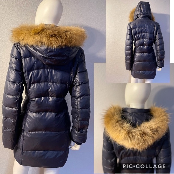 NWT WOMEN WINTER DOWN PUFFER REAL RACCOON FUR TRIM HOOD NAVY‎ PARKA COAT JACKET - Picture 2 of 11